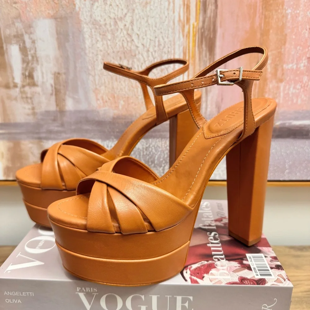 ❤️ NEW Schutz Keefa High Heels Platform Sandals Caramelo Tan Cognac Napa Leather - Picture 5 of 12